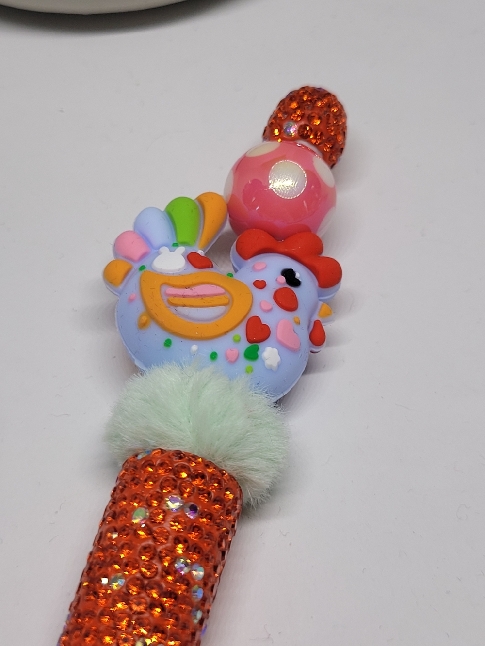 Cute Pastel Rooster Beaded Pen - Pink & Orange